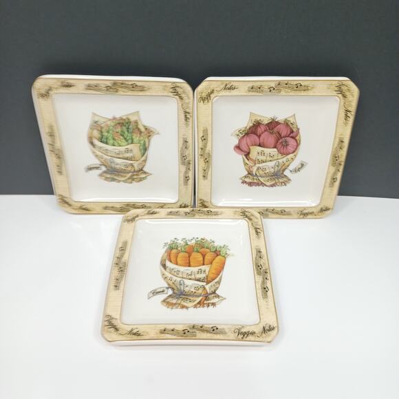 Set/3 Veggie Notes 7.5" Appetizer Plates Carrot Asparagus Onion Made in Italy - Picture 1 of 10